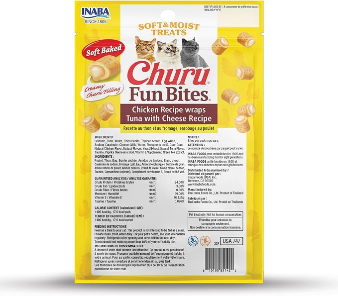 INABA Churu Fun Bites for Cats, Soft & Chewy Cat Treats with Taurine, 0.42 Ounces Each Tetra, 18 Tetras (3 per Bag), Tuna with Cheese Recipe