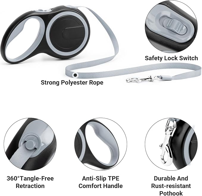 Segarty Retractable Dog Leash, 16ft Heavy Duty Walking Dog Leash for Medium Small Dogs up to 44lb, Anti-Slip Handle 360°Tangle-Free Nylon Tape, One-Handed One Button Lock and Release (Gray)