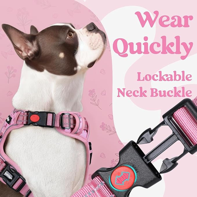 rabbitgoo Dog Harness for Large, No Pull Easy On & Off with 3 Buckles Pet Harness, Adjustable Soft Walking Vest with 2 Clips and Handle, Reflective for Extra Large Dogs, Floral Pink, XL