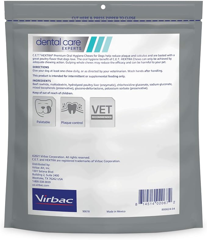 Virbac C.E.T.® HEXTRA® Premium Oral Hygiene Chews for Dogs, Rawhide Coated to Fight Bacteria and Reduce Plaque and Tartar, over 50lbs