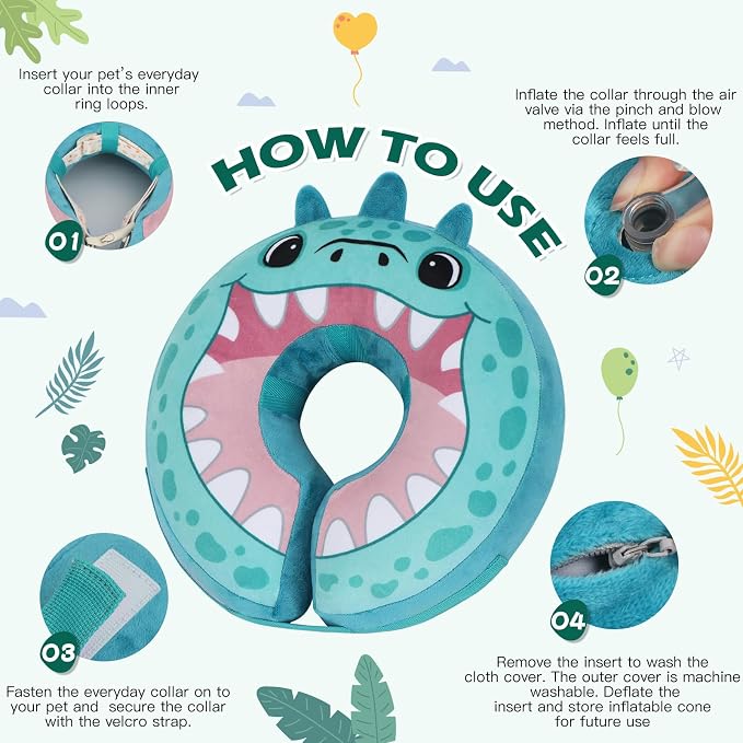 IEUUMLER Inflatable Recovery Dog Collar, Protective Donut Cone, Adjustable Soft Collar for Dog and Cat After Surgery Prevent from Biting & Scratching EU002 - Teal Dinosaur XL