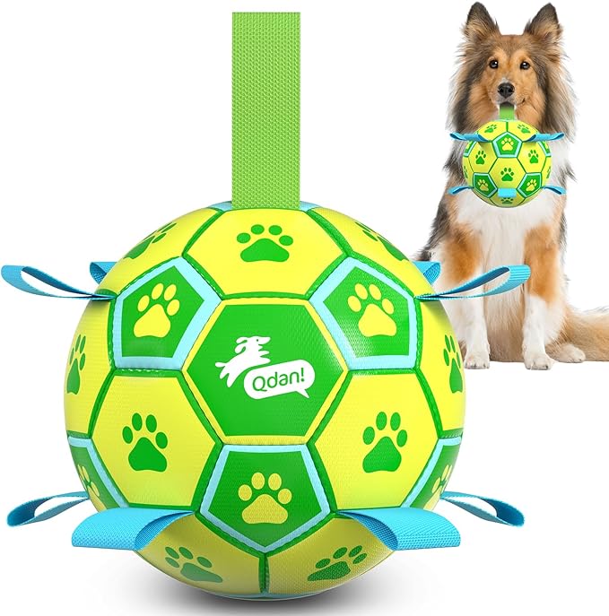QDAN Dog Toys Soccer Ball - Durable Dog Balls with Strap for Medium Small Dogs, Puppy Birthday Gifts, Dog Tug Toy for Tug of War (8 Inch)