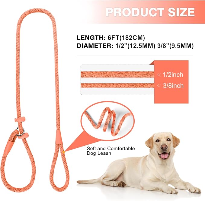 Lynxking Dog Leash Slip Lead Reflective Breathable Rope Comfortable Strong No Pull Slip On Pet Training Lead for Dogs (Orange, Large 1/2 inch x 6ft)