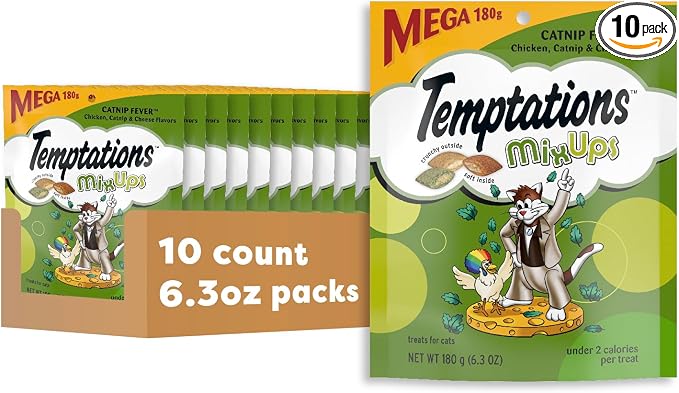 Temptations Cat Treats, Classic Crunchy and Soft Cat Treats, Catnip Fever Flavor, Catnip Treats, 6.3 oz. Pouch (Pack of 10)