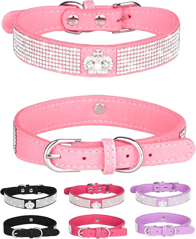 Dog Collar for Small Dogs, Adjustable Leather Suede Bling Dog Collars，Pink Dog Collar Cat Collar, Rhinestone Dog Collar (S, pink3)