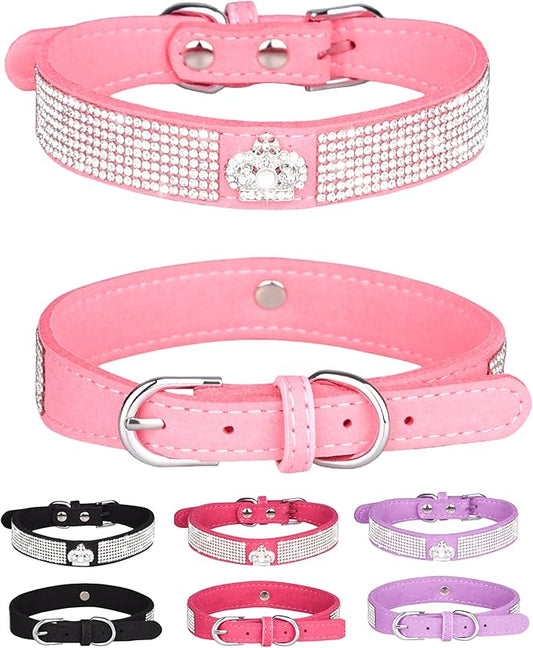 Dog Collar for Small Dogs, Adjustable Leather Suede Bling Dog Collars，Pink Dog Collar Cat Collar, Rhinestone Dog Collar (S, pink3)
