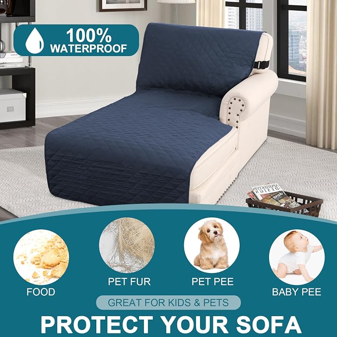 Turquoize 100% Waterproof Sofa Covers Chaise Lounge L Shape Sofa Protector Slip Cover Triple Non-Slip Sofa Slipcover for Chaise Sectional Couch Cover for Pets, Kids (Chaise, Navy)
