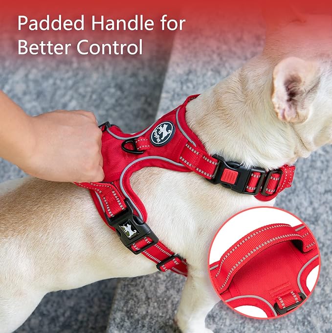 PoyPet No Pull Dog Harness, No Choke Reflective Dog Vest, Adjustable Pet Harnesses with Easy Control Padded Handle for Small Medium Large Dogs(Red Matching Trim,XS)