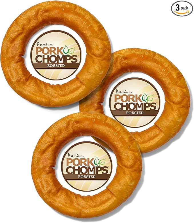 Pork Chomps Roasted Pork Skin Dog Chew, 6 Inch Bagel, 1 Count, Pack of 3 - Long-Lasting Treats for Dogs - High Protein, Rawhide-Free, Low Fat, Healthy & Delicious Chews