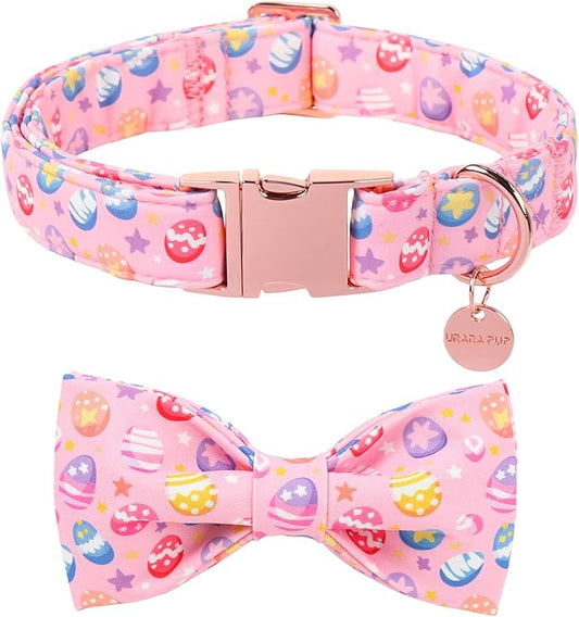 Easter Day Dog Collar with Bow, UP URARA PUP Easter Eggs Adjustable Pet Collar Bowtie with Metal Buckle, Colorful Eggs Cotton Dog Collars for Small Medium Large Dogs, M