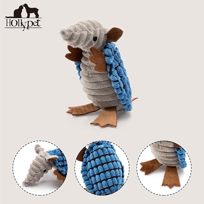 Hollypet Plush Dog Squeaky Toy Stuffed Armadillo Animal Pet Puppy Chew Toys with Clean Teeth for Small Medium Large All Breed Sizes Dogs, Blue, 6 in