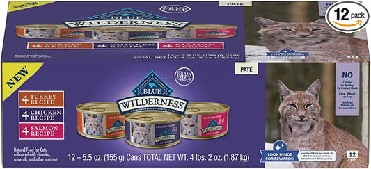 Blue Buffalo Wilderness High Protein, Natural Adult Pate Wet Cat Food Variety Pack, Chicken, Salmon, Turkey 5.5-oz can (12 Count - 4 of Each Flavor)