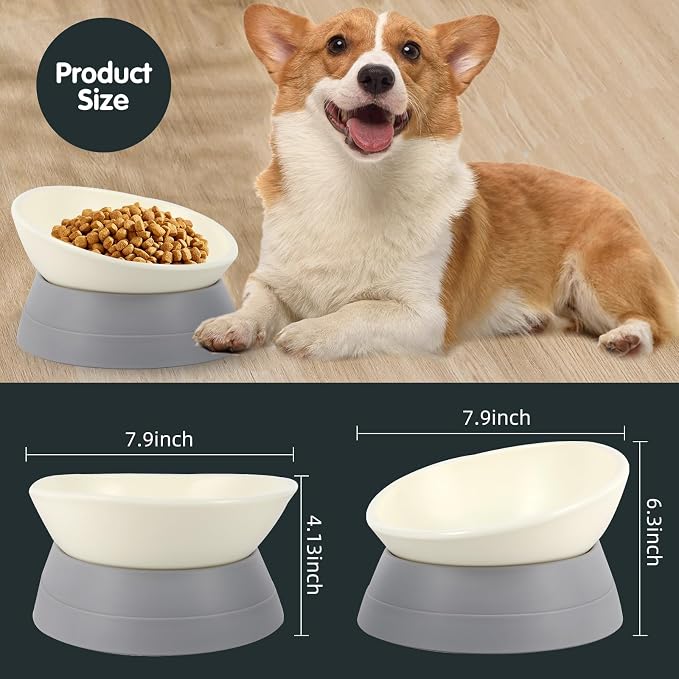 Bulldog Bowl Anti-Slip Dog Cat Dish Detachable Rubber Dog Bowl Pet Sterile Tilted Pet Feeder Slope Base (Grey, 3.5 Cup (Medium/Large Dog))