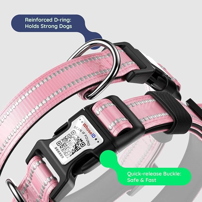 Airtag Dog Collar, Reflective Ultra-Durable Nylon Padded with QR Buckle & IP68 Waterproof Air Tag Holder Compatible for Apple AirTag, Comfortable for Small Medium Large Dogs (Pink,XL)
