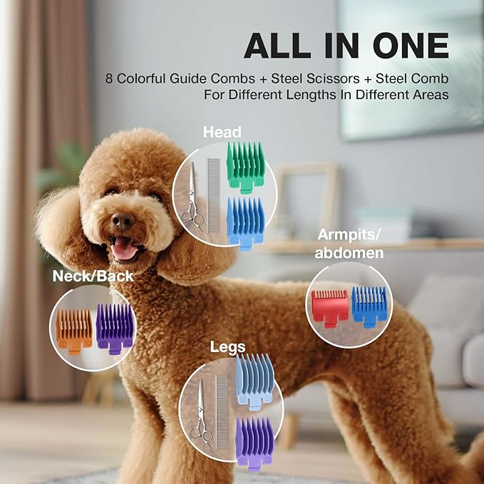 Dog Clippers for Grooming for Thick Heavy Coats, Professional Low Noise Cordless Dog Grooming Clippers Supplies Kit Rechargeable Pet Hair Trimmer with Stainless Steel Blade for Dogs Cats Pet
