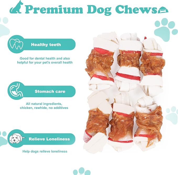 Chicken Wrapped Rawhide Bones, 2.5 Inch Mini Knots Dog Treats, High Protein 65% Puppy Chews and Satisfying Rewards for All Breeds, 16 Ounces