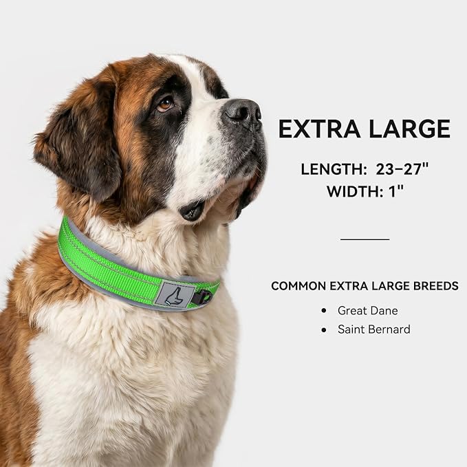 Joytale Dog Collar for Extra Large Dogs, Neoprene Padded and Adjustable, Reflective Wide Heavy Duty Pet Collars with Durable Metal Belt Buckle for Walking, Green, XL