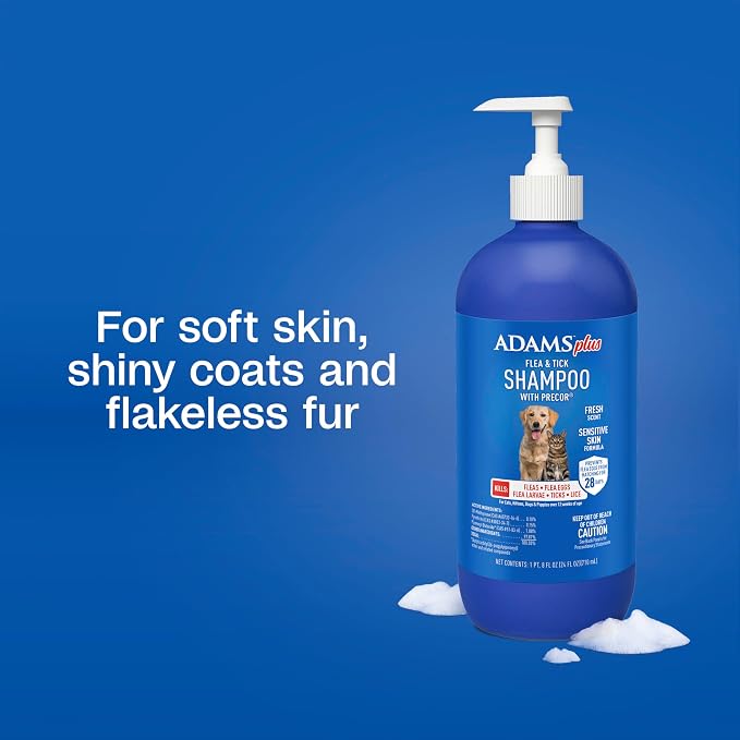 ADAMS Plus Flea & Tick Shampoo with Precor for Dogs, Cats, Puppies & Kittens, Flea Shampoo to Treat Infestations, Kills Ticks, Fleas, Flea Eggs & Lice, Cleans and Conditions Coat, 24 Ounces