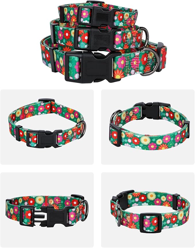 Girl Dog Collars Summer Daisy Flower Pattern, Female Adjustable Collar for Puppy, Medium, Green