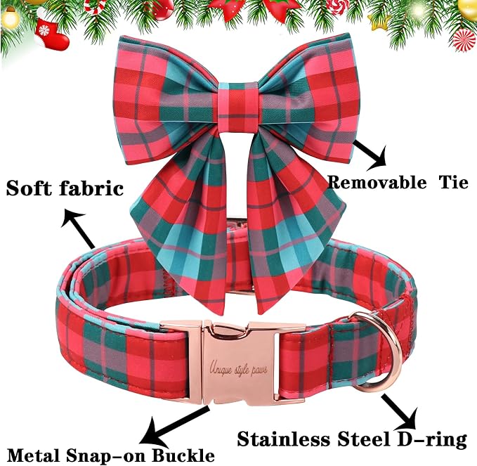 Unique Style Paws Christmas Dog Collar with Bowtie Red Green Grid Cotton Puppy Collars for Small Medium Large Dogs