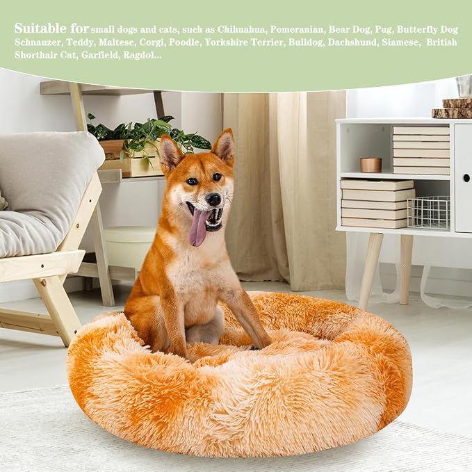 Calming Dog Bed for Medium Dogs Cats, Puppy 31'' Round Anti-Anxiety Warm Fluffy Plush Faux Fur Bed, Soft Anti-Slip Donut Washable, Cozy Medium Puppy Bed, Fits up to 50 lbs Pets