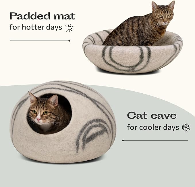 MEOWFIA Cat Cave – Premium Felt Cat Bed for Indoor Cats, Handmade Merino Wool (Light Gray, Medium)