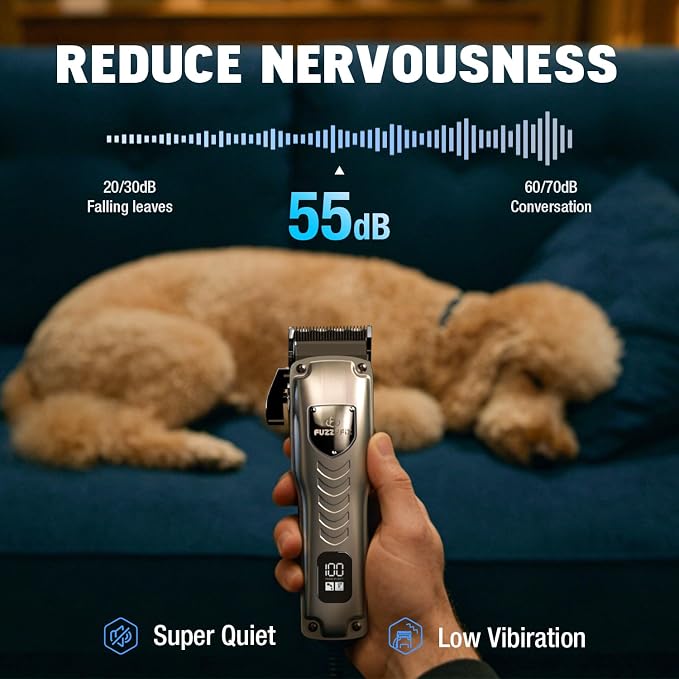 Professional Dog Clippers for Grooming Thick Coats, Upgraded Metal Guide Comb Low Noise Cordless Dog Grooming Kit, Dogs Hair Clippers with 2 Detachable Stainless Steel Blade for Curly/Wavy/Matted Fur