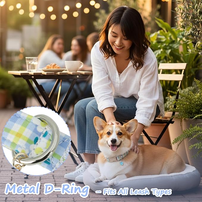Dog Collar with Blue Checkered & Floral Patterns, Spring Summer Collection Dog Collar with Exquisite Pendant, Durable Adjustable Collars for Gifts & Daily Use-M