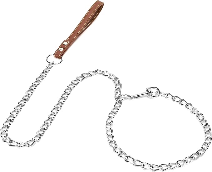 SGODA Chain Dog Leash with Leather Handle 4 Feet Brown