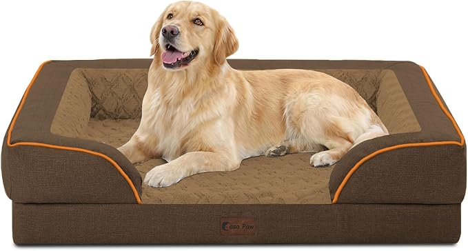 Orthopedic Dog Beds for Large Sized Dogs 36x27 Inch, Waterproof Egg Crate Foam Dog Sofa Bed with Removable Washable Cover Big Pet Couch with Bolster & Non-Slip Bottom, Brown