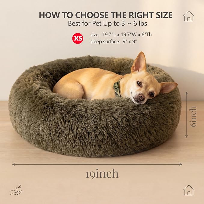 Calming Donut Dogs Beds for Small Dogs Washable,19inch Fluffy Round Puppy Bed for Puppies,Cats & Toy Breeds with Raised Rim,Fits up to 15 lbs Pets,Army Green