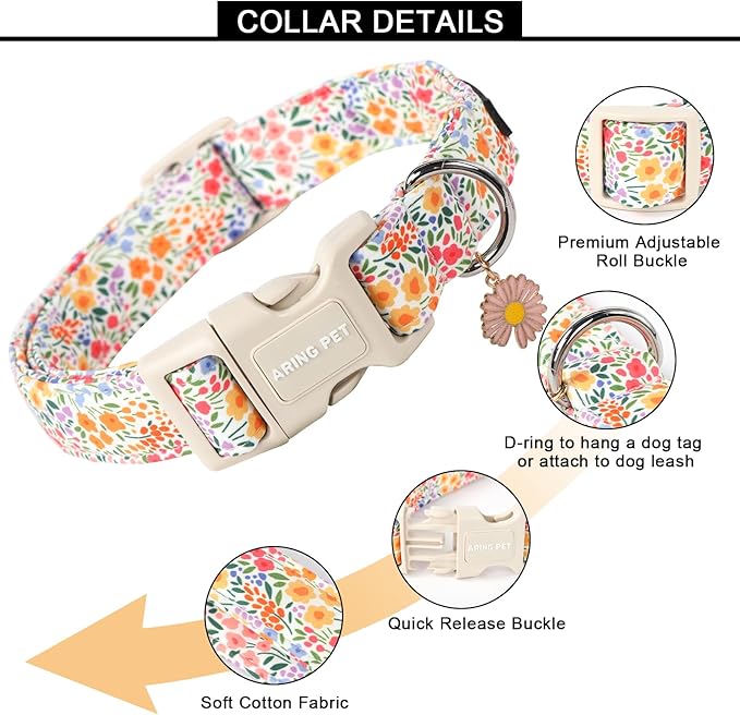 ARING PET Spring Summer Dog Collar-Cute Adjustable Cotton Floral Pet Collars for Puppy Small Medium Large Girl Dogs-M
