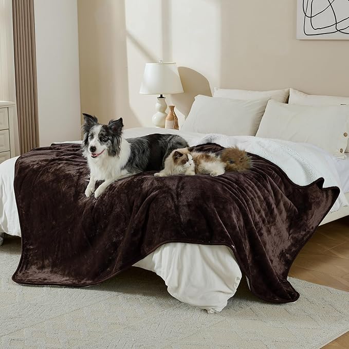 Waterproof Blanket for Bed Couch Sofa, Soft Liquid Pee Proof Pet Blanket for Dog Puppy Cat, Reversible Sherpa Fleece Furniture Protector (Brown, 60x80 inches)