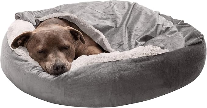 Furhaven 27" Round Calming Donut Dog Bed for Medium/Small Dogs, Washable, For Dogs Up to 45 lbs - Plush Velvet Waves Hooded Donut Bed - Dark Gray, Medium