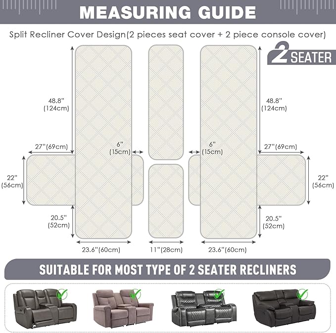 TAOCOCO Recliner Covers with Center Console, Waterproof Recliner Loveseat Cover for Dogs Split Reclining Loveseat Cover Washable Furniture Protector with Elastic Straps (2 Seater, Light Grey)