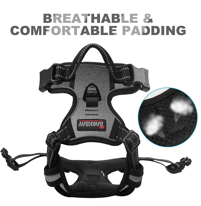 BARKBAY No Pull Dog Harness Front Clip Heavy Duty Reflective Easy Control Handle for Large Dog Walking(Dark Grey,L)