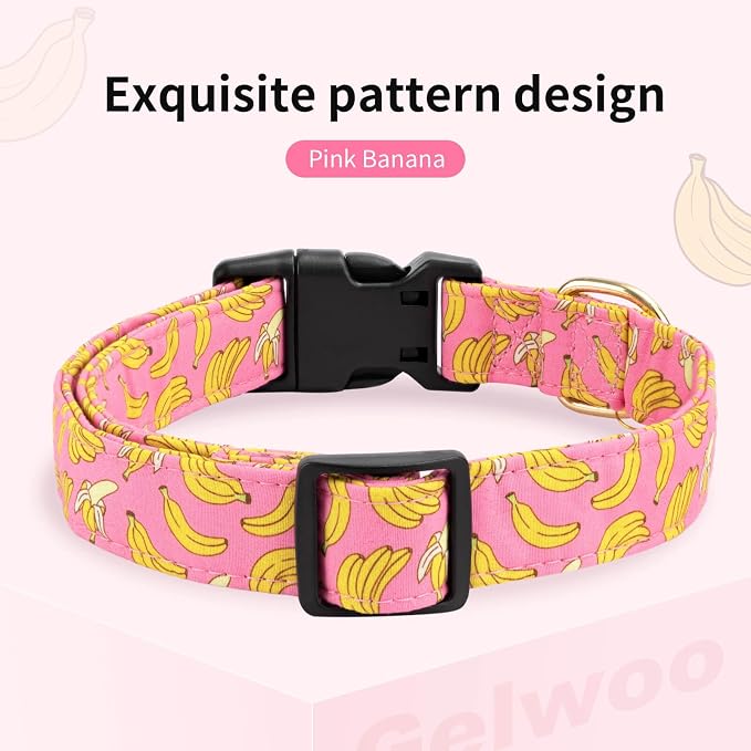 Cotton Dog Collar,Soft and Cute Puppy Collars with Banana Patterned Design for Girl Female Boy Dogs,Adjustable Buckle Pet Collar for Small Medium Large Dogs (Pink Banana, S)