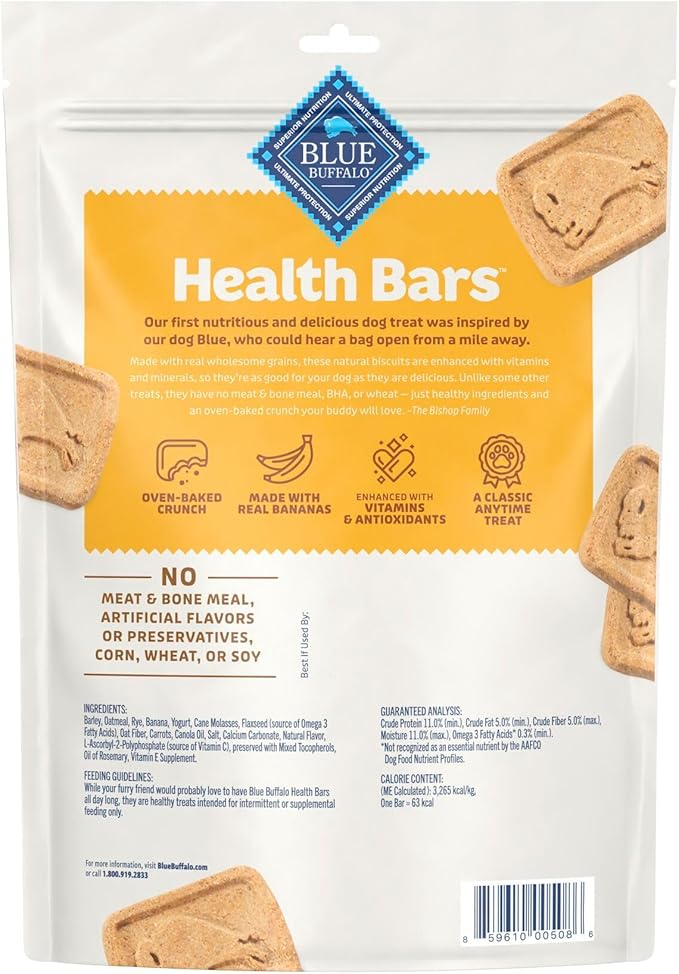 Blue Buffalo Health Bars Bananas & Yogurt Crunchy Dog Biscuits, Oven-Baked with Real Bananas & Natural Ingredients, Healthy Dog Treats with No Artificial Flavors or Preservatives, 16 oz.