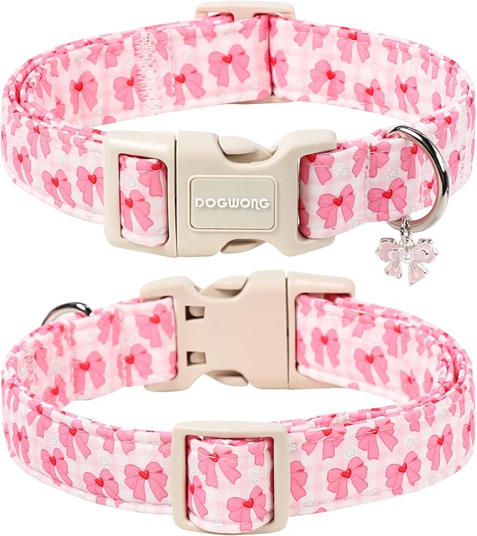 DOGWONG Pink Dog Collar for Girl Dogs, Cute Pink Girly Dog Collars, Adjustable Cute Girl Dogs Collars for Small Medium Dogs, Neck 14-21 inches