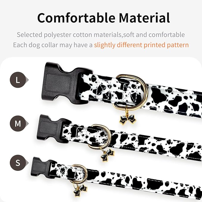 Cotton Dog Collar,Soft and Cute Puppy Collars with Crow Patterned Design for Girl Female Boy Dogs,Adjustable Buckle Pet Collar for Small Medium Large Dogs (Cow Print, S)