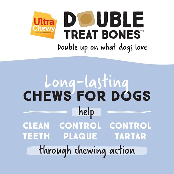 Ultra Chewy Yogurt with Blueberry Double Treat Bones: Long-Lasting Dog Treats Made in USA for Large and Small Breeds, Highly Digestible (24 Count)