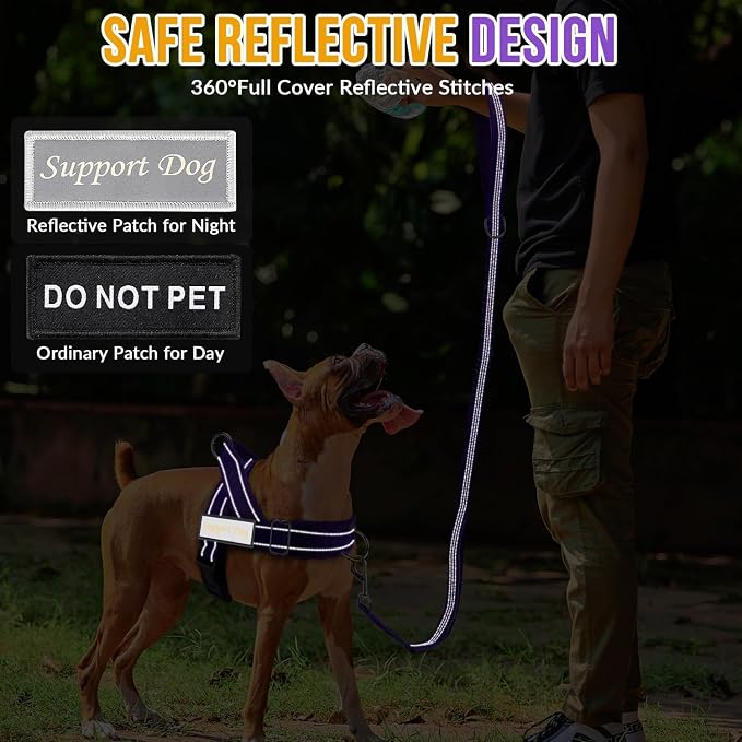 SlowTon No Pull Dog Harness - Heavy Duty Dog Harness and Leash Set for Medium Large Dogs, Reflective Tactical Harness with Soft Padded and Front Clip for Easy Walk and Training (Purple, S)