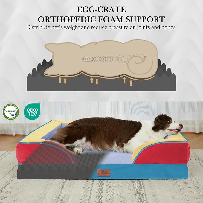 Comfort Expression Orthopedic Dog Bed for Extra Large Dogs 45x35 Inch, Waterproof Egg Crate Foam XL Pet Bed with Bolsters, Dog Couch with Washable Cover & Non-Slip Bottom, Funfetti Fiesta