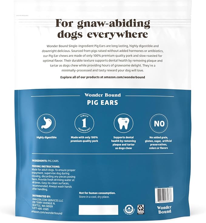 Amazon Brand - Wonder Bound Whole Pig Ears, Ingredient, Highly Digestible, Dog Treats for Puppy and Large/Medium Dogs, Pork, 12.7 Ounce, 18 Count (Pack of 2)