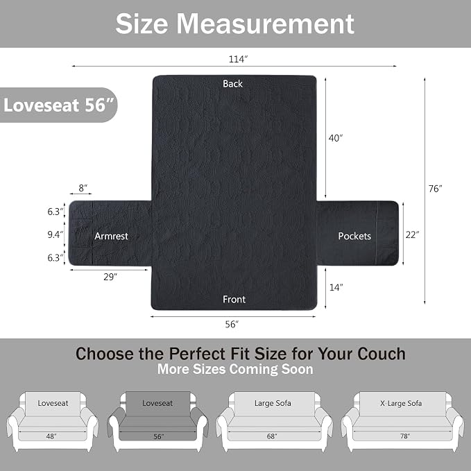 Blue Loveseat Covers for 2 Cushion Couch, Water-Repellent Slip Covers for Sofa, Machine Washable Love Seat Quilted Couch Covers, Pet Friendly Loveseat Slipcovers (Loveseat 56", Blue Gray)