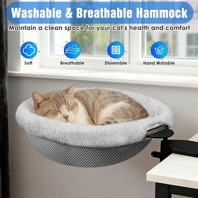 IPOW Heavy Duty Steel Frame 180° Rotating Cat Desk Bed Semi-Circular Cat Bed, Soft Faux Rabbit Fur Material, Suitable for Various Desktops-Maximum Hold Up to 40lb