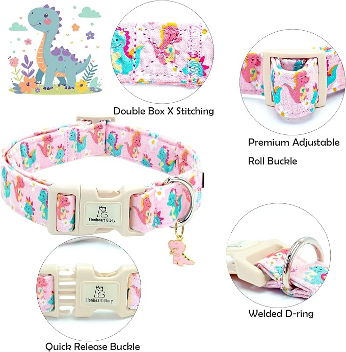 Lionheart glory Dog Collar Dinosaurs Pattern Cute Collar for Small Dogs Spring Summer Female or Male Collars Pets Gift Adjustable Heavy-Duty Pet Collars