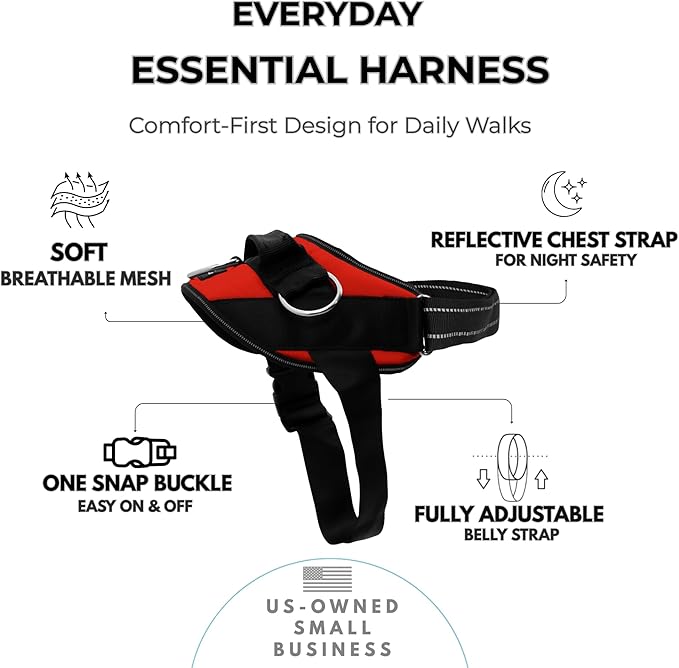 ShawnCo Essential Dog Harness, No-Pull Pet Vest with 3 Leash Clips, No Choke, Reflective, Adjustable and Padded, for Easy Walking and Training for Small, Medium and Large Dogs (Mustang Red, M)