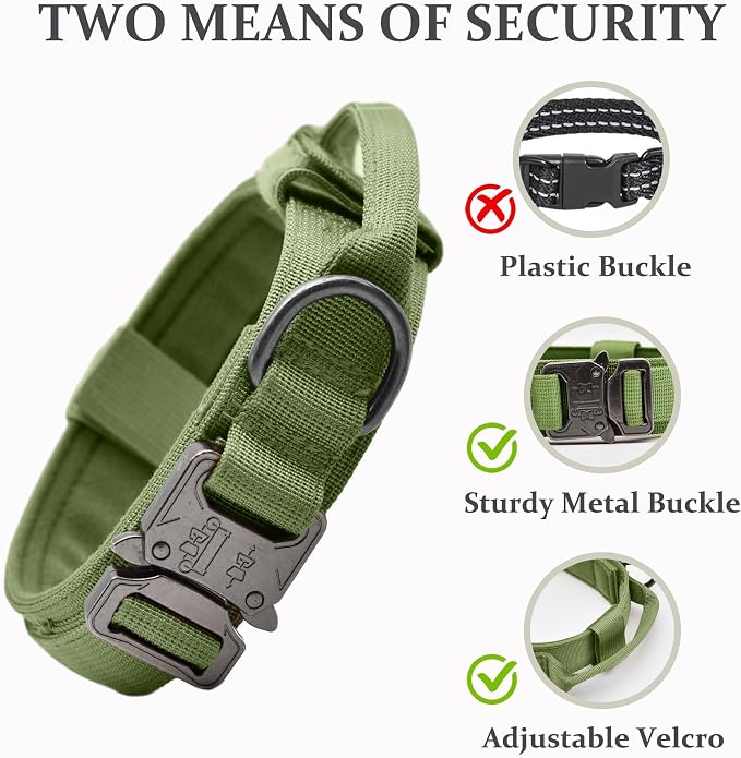 Tactical Dog Collar, Adjustable Military Training Nylon Dog Collar with Control Handle and Heavy Quick-Release Metal Buckle for Small Medium Large Dogs, Green S