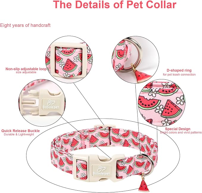 Summer Dog Collar Pink Watermelon Girl Dog Collars for Small Dogs - Lightweight Adjustable Cute Female Dogs Everyday Collar with Safety Buckle S